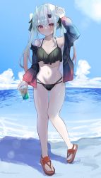 Rule 34 | 1girl, absurdres, beach, bikini, black bikini, black jacket, black ribbon, blue skirt, blush, closed mouth, cup, disposable cup, frilled bikini, frills, full body, gradient hair, grey hair, hair ribbon, highres, holding, holding cup, hololive, horns, jacket, long hair, long sleeves, looking at viewer, multi-strapped bikini, multicolored hair, nakiri ayame, nappi0110, ocean, off shoulder, oni, open clothes, open jacket, red eyes, red footwear, red hair, ribbon, sandals, skin-covered horns, skirt, smile, solo, streaked hair, swimsuit, twintails, virtual youtuber