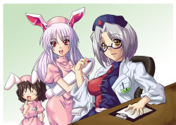 3girls animal_ears bespectacled rabbit_ears chibi female_focus glasses hat inaba_tewi multiple_girls nurse reisen_udongein_inaba ta_ki touhou yagokoro_eirin