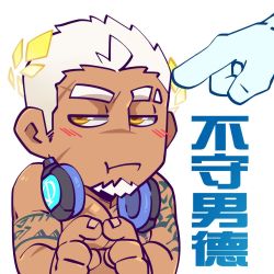 Rule 34 | 1boy, arm tattoo, artist request, bara, blush, chibi, chinese text, cross scar, dark-skinned male, dark skin, eyebrow cut, facial hair, fidgeting, goatee, highres, index finger raised, indie virtual youtuber, large pectorals, laurel crown, rai bolim, male focus, mature male, muscular, muscular male, nude, pectorals, scar, scar on chest, scar on face, scar on forehead, second-party source, short hair, sideburns, solo, stop (gesture), tattoo, thick eyebrows, translation request, upper body, virtual youtuber, white hair