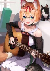 Rule 34 | 1girl, :d, animal ear fluff, animal ears, black choker, blue eyes, blush, breasts, cat, choker, commentary request, couch, green eyes, guitar, hair ribbon, highres, hizuki rurufu, holding, holding instrument, holding plectrum, instrument, long sleeves, looking away, multicolored hair, music, on couch, open mouth, playing instrument, plectrum, red ribbon, ribbon, short hair, sitting, skirt, smile, snack nili, solo, sora no tori, streaked hair, tail, virtual youtuber, white hair, white skirt
