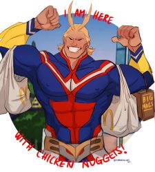Rule 34 | 1boy, all might, antenna hair, bag, bara, blonde hair, blue eyes, bodysuit, boku no hero academia, covered abs, english text, flexing, full body, grin, hair slicked back, highres, large pectorals, male focus, mcdonald&#039;s, messy hair, muscular, pectorals, shopping bag, short hair, skin tight, smile, solo, stormcallart, topless male, upper body