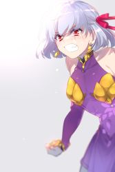 Rule 34 | 1girl, angry, bare shoulders, blush, breasts, collarbone, commentary request, covered navel, crying, crying with eyes open, dress, earrings, echo (circa), fate/grand order, fate (series), hair between eyes, hair ribbon, jewelry, kama (fate), kama (first ascension) (fate), looking away, navel, purple dress, red eyes, red ribbon, ribbon, short hair, simple background, small breasts, solo, tears, teeth, white hair