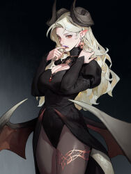 Rule 34 | 1girl, absurdres, black background, black leotard, black pantyhose, blonde hair, breasts, center opening, cleavage, closed mouth, commentary, cowboy shot, demon girl, demon horns, dongho kang, earrings, facing to the side, finger to mouth, hand on own shoulder, highres, horns, jewelry, large breasts, leotard, long hair, long sleeves, looking at viewer, low wings, necklace, orange eyes, original, pantyhose, pointy ears, puffy long sleeves, puffy sleeves, purple lips, red nails, skull earrings, solo, tail, thigh strap, wings