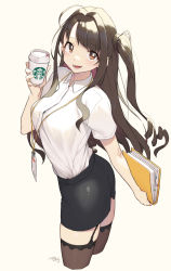 Rule 34 | 1girl, absurdres, ahoge, ass, black skirt, black thighhighs, breasts, brown eyes, cloba, coffee cup, collared shirt, commentary, cowboy shot, cup, dated, disposable cup, folder, garter straps, highres, holding, holding cup, holding folder, idolmaster, idolmaster cinderella girls, lanyard, long hair, looking at viewer, medium breasts, miniskirt, office lady, open mouth, parted bangs, pencil skirt, shimamura uzuki, shirt, short sleeves, side ponytail, signature, simple background, skirt, smile, solo, starbucks, thighhighs, thighs, twisted torso, white background, white shirt, wing collar, zettai ryouiki