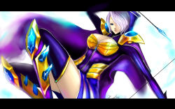 Rule 34 | 1girl, alternate costume, armor, arrow (projectile), ashe (league of legends), blue eyes, bodysuit, breasts, cape, circlet, cleavage, cleavage cutout, clothing cutout, full-length zipper, gem, greaves, hair over one eye, highres, kumiko shiba, large breasts, league of legends, leg armor, letterboxed, lips, pauldrons, purple thighhighs, quiver, short hair, shoulder armor, signature, smile, solo, thighhighs, unitard, white hair, zipper