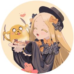 Rule 34 | 1boy, 1girl, abigail williams (fate), adventure time, black bow, black dress, black headwear, blonde hair, blush, bow, breasts, butter, closed eyes, colored eyelashes, crossover, dog, dress, fate/grand order, fate (series), food, forehead, fork, hair bow, hat, heart, jake the dog, knife, long hair, multiple hair bows, open mouth, orange bow, pancake, parted bangs, plate, polka dot, polka dot bow, ribbed dress, sleeves past fingers, sleeves past wrists, small breasts, smile, stuffed animal, stuffed toy, syrup, teddy bear, yaku (ziroken)