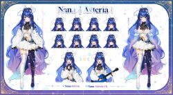 Rule 34 | 1girl, :d, :t, absurdres, blue eyes, blue hair, blush, boots, breasts, character name, character sheet, commentary, crescent, dress, eighth note, english commentary, expressions, frown, gradient hair, halo, hanihani, heart, heart-shaped pupils, highres, holding, instrument, jacket, long hair, long sleeves, looking at viewer, medium breasts, microphone, multicolored hair, multiple views, music, musical note, nana asteria, nose blush, open mouth, platform footwear, playing instrument, pleated dress, prism project, purple hair, second-party source, shaded face, sleeves past wrists, smile, standing, streaked hair, symbol-shaped pupils, tears, thigh boots, treble clef, twitter username, v-shaped eyebrows, very long hair, virtual youtuber, white jacket, youtube username