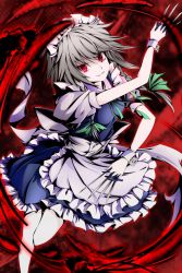 Rule 34 | 1girl, bad id, bad pixiv id, between fingers, braid, dress, female focus, gradient background, holding, holding knife, izayoi sakuya, knife, knives between fingers, maid, red eyes, red theme, side braids, silver hair, smile, solo, touhou, twin braids