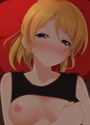 Rule 34 | 10s, 1girl, ayase eli, blonde hair, blush, breasts, breasts out, chimunge, clothes lift, collarbone, hair ornament, hairclip, half-closed eyes, highres, looking at viewer, love live!, love live! school idol project, lying, medium breasts, nipples, on back, pillow, purple eyes, shirt lift, solo, topless, upper body