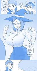 Rule 34 | 1girl, 2boys, absurdres, blue theme, breasts, child, collared shirt, comic, cowboy shot, ekz (robotekz), english text, eyepatch, fang, halloween, halloween costume, hand up, hat, highres, huge breasts, long sleeves, mature female, monochrome, mother and son, multiple boys, original, pirate, shirt, shirt tucked in, short hair, smile, speech bubble, thought bubble, upper body, vampire, vest, witch hat