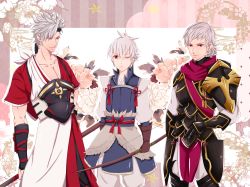 3boys armor bow_(weapon) brown_eyes fire_emblem fire_emblem_fates flower gauntlets gloves haebara_zanka highres kiragi_(fire_emblem) lance male_focus multiple_boys nintendo one_eye_closed orange_eyes polearm purple_eyes shiro_(fire_emblem) siegbert_(fire_emblem) star_(symbol) weapon white_hair