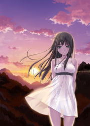 Rule 34 | 1girl, arms behind back, bad id, bad pixiv id, bare shoulders, black eyes, black hair, cloud, cowboy shot, dress, empire waist, female focus, floating hair, grey eyes, long hair, looking at viewer, medium dress, mountain, original, outdoors, parted lips, see-through, see-through silhouette, skirt, sky, sleeveless, sleeveless dress, solo, spaghetti strap, standing, sun, sundress, sunset, thigh gap, thighs, white dress, white skirt, wind, wind lift, yuki usagi