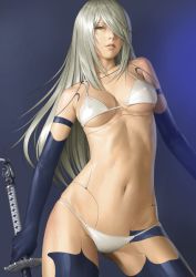 Rule 34 | 1girl, android, bikini, black gloves, breasts, commentary, commentary request, elbow gloves, gloves, holding, holding sword, holding weapon, joints, katana, long hair, mole, mole under mouth, nier (series), nier:automata, pink lips, robot joints, silver hair, swimsuit, sword, watanabe yasuaki, weapon, a2 (nier:automata)