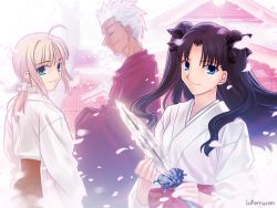 Rule 34 | 00s, 1boy, 2girls, alternate costume, archer (fate), artoria pendragon (all), artoria pendragon (fate), black hair, blonde hair, blue eyes, cherry blossoms, clothes, dark-skinned male, dark skin, emiya shirou, fate/hollow ataraxia, fate/stay night, fate (series), game cg, green eyes, happy, japanese clothes, knife, miko, multiple girls, saber (fate), smile, takeuchi takashi, tohsaka rin, two side up, watermark, white hair