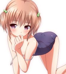 Rule 34 | 1girl, all fours, bare arms, bare shoulders, blush, breasts, brown hair, competition school swimsuit, covering own mouth, hair between eyes, hair bobbles, hair ornament, ki (kk-sk-ray), looking away, nipples, one-piece swimsuit, original, purple eyes, school swimsuit, short hair, short twintails, simple background, small breasts, solo, swimsuit, twintails, white background