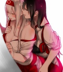 Rule 34 | 10s, 2girls, akagi (kancolle), bare shoulders, blurry, blush, breasts, brown eyes, brown hair, cleavage, commentary request, depth of field, from above, hairband, kantai collection, large breasts, long hair, multiple girls, off shoulder, shoukaku (kancolle), shuu-0208, simple background, sweat, undressing, white hair, yellow eyes, yuri