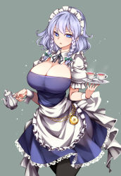 Rule 34 | 1girl, absurdres, apron, blue eyes, breasts, cleavage, clock, cup, highres, izayoi sakuya, large breasts, maid, maid apron, maid headdress, pantyhose, pocket watch, raptor7, silver hair, skirt, solo, teacup, touhou, watch