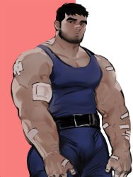 Rule 34 | 1boy, bandaid, bandaid on arm, bandaid on face, bandaid on nose, bara, bare arms, bare shoulders, beard, belt, black belt, black hair, blue bodysuit, blush, bodysuit, bulge, dopey (dopq), facial hair, highres, large pectorals, looking at viewer, male focus, mature male, muscular, muscular male, mustache, original, pectoral cleavage, pectorals, short hair, sideburns, sidepec, solo, thick eyebrows, wrestling outfit
