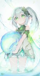 Rule 34 | 1girl, absurdres, commentary, cross-shaped pupils, dl (dl 6ix), dot mouth, dress, genshin impact, green dress, green eyes, hair ornament, highres, holding, light blush, long hair, looking at viewer, nahida (genshin impact), partially submerged, pointy ears, short dress, side ponytail, sleeveless, sleeveless dress, solo, symbol-only commentary, symbol-shaped pupils, water, white hair