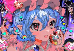 Rule 34 | 1girl, :3, :d, absurdres, bat wings, blue hair, blush stickers, brooch, collar, commentary, dress, fang, food, frilled collar, frills, fruit, gem, hair between eyes, hat, hat ribbon, heart, highres, holding, holding food, holding fruit, holding jewelry, jewelry, looking at viewer, mob cap, momae makku, nail polish, necklace, open mouth, pink dress, pink hat, pink ribbon, pointy ears, portrait, red eyes, red nails, remilia scarlet, ribbon, rotated, short hair, smile, solo, sparkle, touhou, wings, wrist cuffs