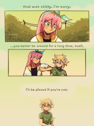 Rule 34 | 1boy, 1girl, absurdres, artist name, aubrey (omori), basil (omori), blonde hair, blue eyes, blush, closed mouth, collared shirt, comic, day, english text, flower, hair flower, hair ornament, hairband, highres, holding, holding pinwheel, jacket, long hair, looking at another, omori, outdoors, parted lips, pink hair, pinwheel, power lines, shirt, short hair, short sleeves, spoilers, white jacket, zipsunz