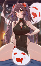 Rule 34 | 1girl, :p, alternate breast size, bare shoulders, between legs, between thighs, black dress, blush, breasts, brown hair, china dress, chinese clothes, cleavage cutout, closed eyes, clothes lift, clothing cutout, dress, drooling, fang, genshin impact, ghost, happy, highres, hu tao (genshin impact), large breasts, licking lips, looking at viewer, pelvic curtain, pelvic curtain lift, red eyes, sitting, sitting on person, sleeveless, sleeveless dress, smile, spread legs, symbol-shaped pupils, thick thighs, thighs, tongue, tongue out, twintails, xuxuxu