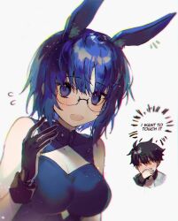 Rule 34 | 1boy, 1girl, absurdres, animal ears, bare shoulders, black gloves, black hair, blue eyes, blue hair, blush, breasts, chibi, chinese zodiac, ciel (tsukihime), cleavage, cleavage cutout, clothing cutout, commentary, english commentary, english text, flying sweatdrops, glasses, gloves, hand on own chest, highres, kemonomimi mode, large breasts, looking at viewer, open mouth, powered ciel, rabbit ears, short hair, sleeveless, teeth, tohno shiki, tsukihime, tsukihime (remake), upper teeth only, white background, yakksan, year of the rabbit