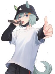 Rule 34 | 1girl, alternate costume, animal ears, black hat, black pants, black shirt, blindfold, blue eyes, bucket hat, ears through headwear, hair ornament, hand up, hat, highres, holding, holding microphone, horse ears, horse girl, horse tail, long sleeves, looking at viewer, mask, mask pull, microphone, mouth mask, open mouth, outstretched arm, pants, pointing, pointing at viewer, reaching, reaching towards viewer, rio (rio 067), seiun sky (umamusume), shirt, simple background, solo, surgical mask, sweat, tail, twitter username, umamusume, upper body, white background, white shirt