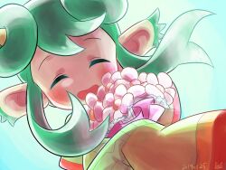 Rule 34 | 1girl, blush, bouquet, closed eyes, dated, flower, green background, green hair, highres, holding, holding bouquet, horns, lidelle (puyopuyo), long sleeves, no nose, open mouth, pikonabo, pink flower, pointy ears, puyopuyo, puyopuyo fever, sidelocks, signature, sleeves past fingers, sleeves past wrists, solo