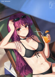 Rule 34 | 1girl, absurdres, adjusting eyewear, armpits, artist name, beach chair, bikini, black bikini, black choker, blush, breasts, chair, character request, choker, cleavage, closed mouth, commentary, cooler, copyright request, cup, drinking glass, drinking straw, english commentary, eyewear on head, food, fruit, hand up, highres, holding, holding cup, juice, knightfang, long hair, lounge chair, medium breasts, navel, orange (fruit), orange juice, orange slice, purple hair, red eyes, sitting, smile, solo, sunglasses, swimsuit, twitter username, virtual youtuber, watermark