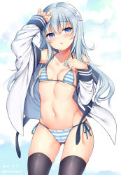 Rule 34 | 1girl, arm up, bare shoulders, bikini, black thighhighs, blue eyes, breasts, collarbone, cowboy shot, gluteal fold, groin, halterneck, hand up, hibiki (kancolle), highres, kantai collection, long hair, long sleeves, looking at viewer, navel, off shoulder, open clothes, open shirt, parted lips, sasachin (k+w), shirt, side-tie bikini bottom, silver hair, simple background, small breasts, solo, stomach, striped bikini, striped clothes, swimsuit, thighhighs, thighs, white background, white shirt