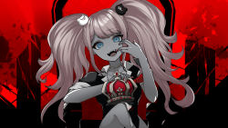 Rule 34 | 1girl, bead necklace, beads, bear hair ornament, black background, black shirt, blue eyes, chair, collarbone, crown, danganronpa: trigger happy havoc, danganronpa (series), enoshima junko, hair ornament, highres, jewelry, king (vocaloid), long hair, nail polish, necklace, red background, red nails, rozeru, shirt, short sleeves, sitting, smile, solo, twintails, vocaloid
