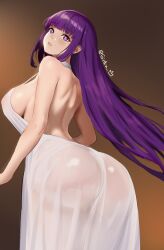 Rule 34 | 1girl, absurdres, ai-assisted, arched back, artist name, ass, ass focus, back, backless dress, backless outfit, bare shoulders, blunt bangs, breasts, brown background, curvy, dress, fern (sousou no frieren), gintra, gradient background, highres, large breasts, long hair, parted lips, purple eyes, purple hair, see-through, see-through dress, sideboob, solo, sousou no frieren, strap gap, twitter username, very long hair, white dress, wide hips