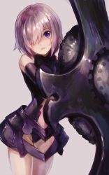 Rule 34 | 1girl, armor, armored dress, bare shoulders, clothing cutout, collar, cowboy shot, elbow gloves, fate/grand order, fate (series), feet out of frame, gloves, hair over one eye, highres, holding, holding shield, hozumi rino, leotard, light purple hair, looking at viewer, mash kyrielight, navel cutout, parted lips, purple eyes, purple leotard, shield, short hair, simple background, solo