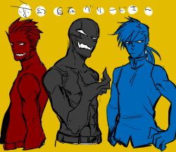 Rule 34 | 3boys, bald, black skin, black theme, blue eyes, blue theme, collarbone, colored skin, frown, fullmetal alchemist, greed (fma), grin, hand on own hip, homunculus, katoh, katou (hyaena), ling yao, long hair, long sleeves, looking at viewer, looking back, low ponytail, male focus, multiple boys, multiple persona, open mouth, ponytail, red eyes, red theme, sharp teeth, shirt, short hair, simple background, sketch, skin tight, sleeveless, smile, spiked hair, tattoo, teeth, topless male, upper body, white eyes, yellow background