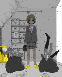 Rule 34 | 1girl, abe tomomi, bad id, bad pixiv id, black legwear, bob cut, bug, collared shirt, covered mouth, dark, disembodied hand, flat color, fly, full body, holding, holding shoes, indoors, insect, jacket, long sleeves, original, paper, plaid, plaid skirt, pleated skirt, shirt, shoes, unworn shoes, short hair, skirt, solo, spot color, swarm, trash bag, trash can, white legwear, yellow footwear
