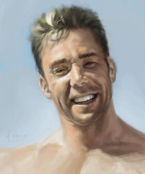 Rule 34 | 1boy, 2013, absurdres, billy herrington, blue background, commentary, dated, eyebrows, gachimuchi pants wrestling, highres, looking at viewer, male focus, manly, oil painting (medium), painting (medium), photo-referenced, portrait, realistic, reference work, shade, short hair, smile, solo, squinting, symbol-only commentary, teeth, traditional media, umekawa (artist), wrestling (series)