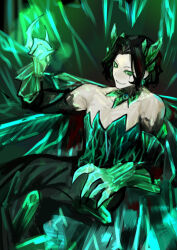 Rule 34 | 1boy, adult who tells lies (project moon), bare shoulders, claws, colored sclera, detached sleeves, dress, e.g.o (project moon), gem, gem hair ornament, gloves, green dress, green gemstone, green gloves, green sclera, hair ornament, highres, library of ruina, male focus, nishikujic, parted bangs, parted lips, project moon, roland (project moon), smile, solo, white eyes
