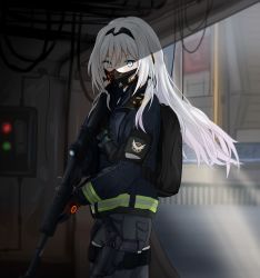 Rule 34 | 1girl, an-94, an-94 (girls&#039; frontline), assault rifle, backpack, bag, blue eyes, clov3r, commentary request, gas mask, girls&#039; frontline, gloves, gun, handgun, headgear, jacket, korean commentary, long hair, looking at viewer, mask, mouth mask, rifle, scope, sidelocks, silver hair, solo, tactical clothes, tom clancy&#039;s the division, weapon