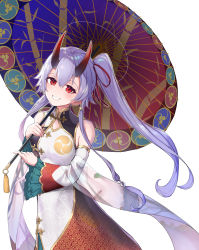 Rule 34 | 1girl, absurdres, blush, china dress, chinese clothes, commentary request, detached sleeves, dress, fate/grand order, fate (series), fuji dorokai, grin, hair between eyes, heroic spirit traveling outfit, highres, holding, holding umbrella, horns, long hair, mitsudomoe (shape), oil-paper umbrella, oni horns, red eyes, red horns, side ponytail, sidelocks, silver hair, simple background, smile, solo, tomoe (symbol), tomoe gozen (fate), tomoe gozen (traveling outfit) (fate), umbrella, white background, white dress, wide sleeves