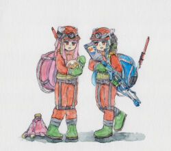 Rule 34 | 2girls, absurdres, blue hair, bone 71, boots, commentary request, crossover, foot up, full body, gloves, golden egg, green footwear, green gloves, gun, hard hat, harness, headlamp, helmet, high-visibility vest, highres, holding, holding gun, holding weapon, jumpsuit, kotonoha akane, kotonoha aoi, lifebuoy, long hair, looking at another, looking at object, multiple girls, nintendo, orange jumpsuit, orb, painting (medium), pigeon-toed, pink hair, red eyes, rubber boots, rubber gloves, salmon run (splatoon), sidelocks, simple background, splat bomb (splatoon), splatoon (series), swim ring, traditional media, trigger discipline, voiceroid, walking, watercolor (medium), weapon, weapon request, white background