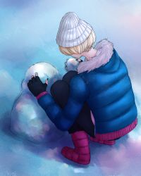 Rule 34 | 1girl, alina golding (style savvy), blonde hair, boots, down jacket, etrosgate, from behind, fur collar, fur trim, girls mode 4, highres, holding, holding snowball, jacket, knit hat, nintendo, pixie cut, short hair, snow, snowball, snowman, solo, solo focus, squatting, style savvy (video game series), winter clothes