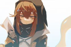 Rule 34 | 1girl, animal hood, arknights, black gloves, crownslayer (arknights), gloves, grey eyes, hair between eyes, hair ornament, hairclip, half-closed eyes, hand up, highres, holding, holding paper, hood, long hair, looking at viewer, mask, mask around neck, orange hair, paper, parted lips, sidelocks, simple background, solo, upper body, watanabe kawa, white background