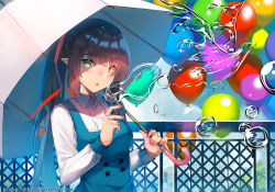 Rule 34 | 1girl, balloon, bird, blowing bubbles, building, buttons, fence, fingernails, hair ribbon, highres, holding, holding umbrella, long hair, long sleeves, open mouth, original, pointy ears, ribbon, shirt, umbrella, vierzeck, white shirt, yellow eyes