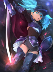 Rule 34 | 1girl, armor, blue eyes, blue hair, breastplate, cape, frilled skirt, frills, greaves, matching hair/eyes, nanjin, open mouth, original, shield, skirt, solo, sword, thighhighs, twintails, visor (armor), warrior, weapon, zettai ryouiki