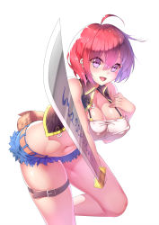 Rule 34 | 1girl, ahoge, belt, blue shorts, breasts, covered erect nipples, cutoffs, denim, denim shorts, fang, hair between eyes, highres, large breasts, looking at viewer, micro shorts, navel, niccya, open mouth, purple eyes, red eyes, red hair, short shorts, shorts, simple background, smile, solo, sword, thigh strap, weapon, white background