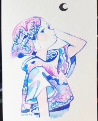 Rule 34 | 1girl, arm behind head, arm up, blue eyes, crescent moon, cropped torso, expressionless, from side, highres, limited palette, liquid hair, looking up, maruti bitamin, moon, original, painting (medium), photo (medium), print shirt, shirt, short hair, short sleeves, simple background, solo, traditional media, upper body, watercolor (medium), waves, white background