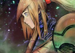 Rule 34 | 1girl, aki-t (akitbfpf144), armor, blonde hair, blue eyes, commentary, english commentary, expressionless, highres, looking to the side, metroid, nintendo, ponytail, power armor, profile, samus aran, science fiction, solo, upper body, varia suit