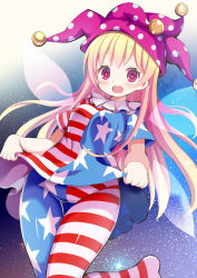 Rule 34 | 1girl, american flag dress, american flag legwear, blonde hair, blush, breasts, clothes lift, clownpiece, dress, dress lift, fairy wings, givuchoko, hat, highres, jester cap, lifted by self, long hair, looking at viewer, medium breasts, neck ruff, open mouth, pantyhose, pink eyes, polka dot, short dress, short sleeves, sky, smile, solo, star (sky), star (symbol), star print, starry sky, striped clothes, striped pantyhose, thigh gap, touhou, wings