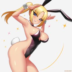 Rule 34 | animal ears, armpits, arms up, artist name, black hairband, blonde hair, blush, breasts, closed mouth, commission, covered navel, cowboy shot, detached collar, fake animal ears, fake tail, hairband, kuroonehalf, large breasts, leotard, long hair, looking at viewer, original, parted bangs, parted lips, playboy bunny, ponytail, rabbit ears, rabbit pose, rabbit tail, sideless leotard, sideless outfit, simple background, smile, strapless, strapless leotard, tail, thighs, white background, wrist cuffs